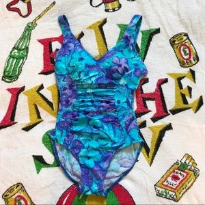 Blue Floral Print One Piece Bathing Suit